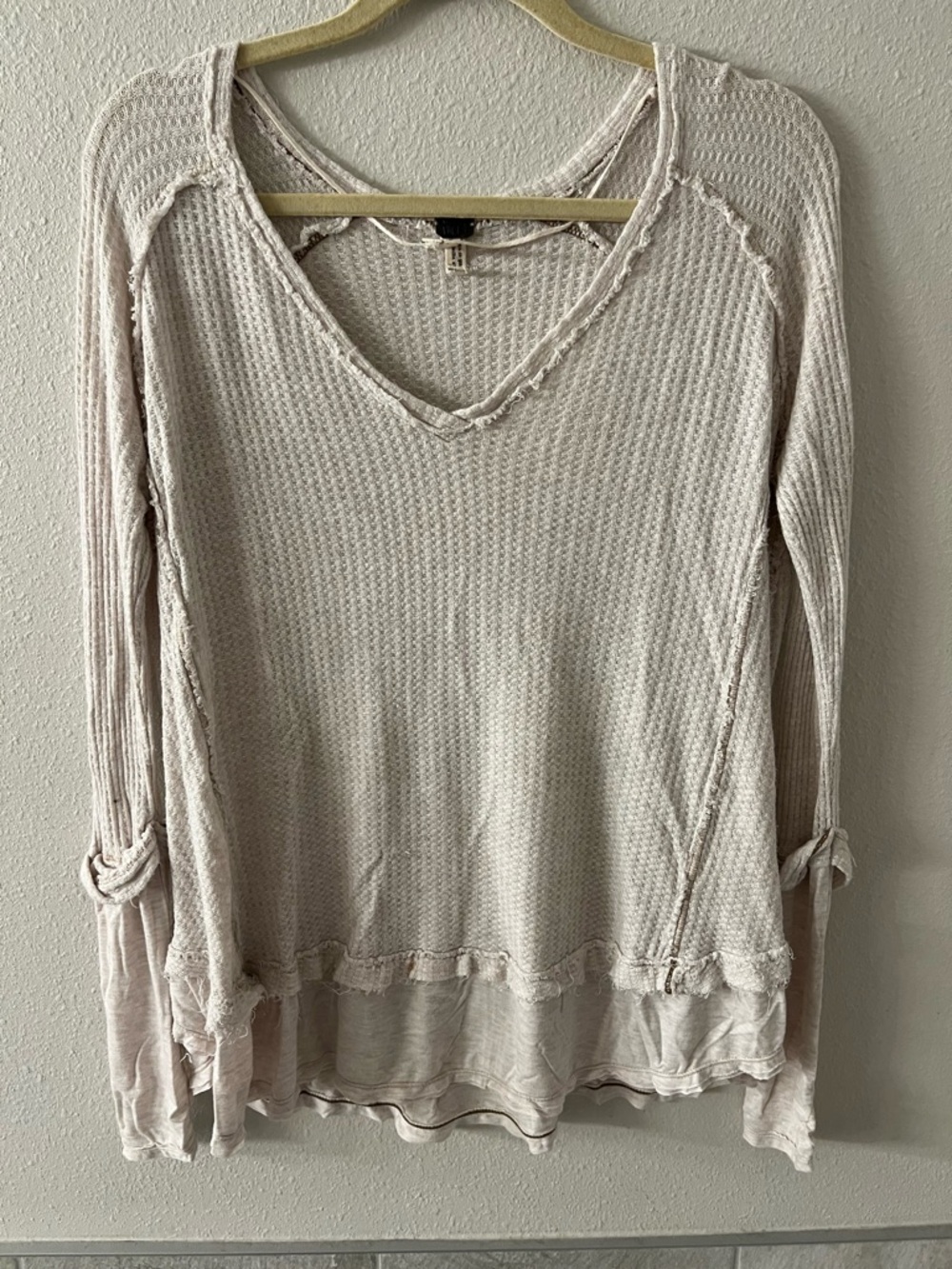 FP We The Free Pale cream Waffle V-Neck Layered Long Sleeve Top M